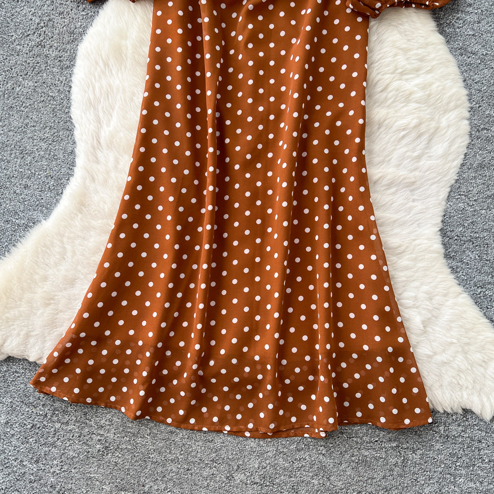 Vintage Polka Dot V Neck Puff Sleeve Dress Slim Fit Elegant Mid Length Summer Office Wear Wholesale Available