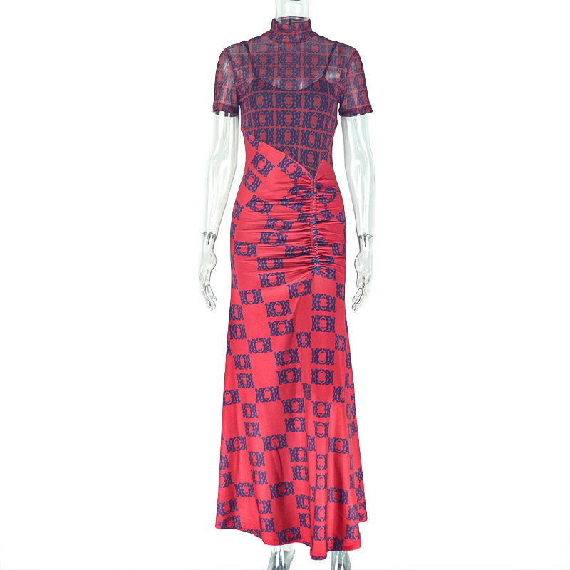 Elegant Womens Bodycon Dress Color Block Design Ruffled Print Sheer Short Sleeves Perfect for Office and Casual