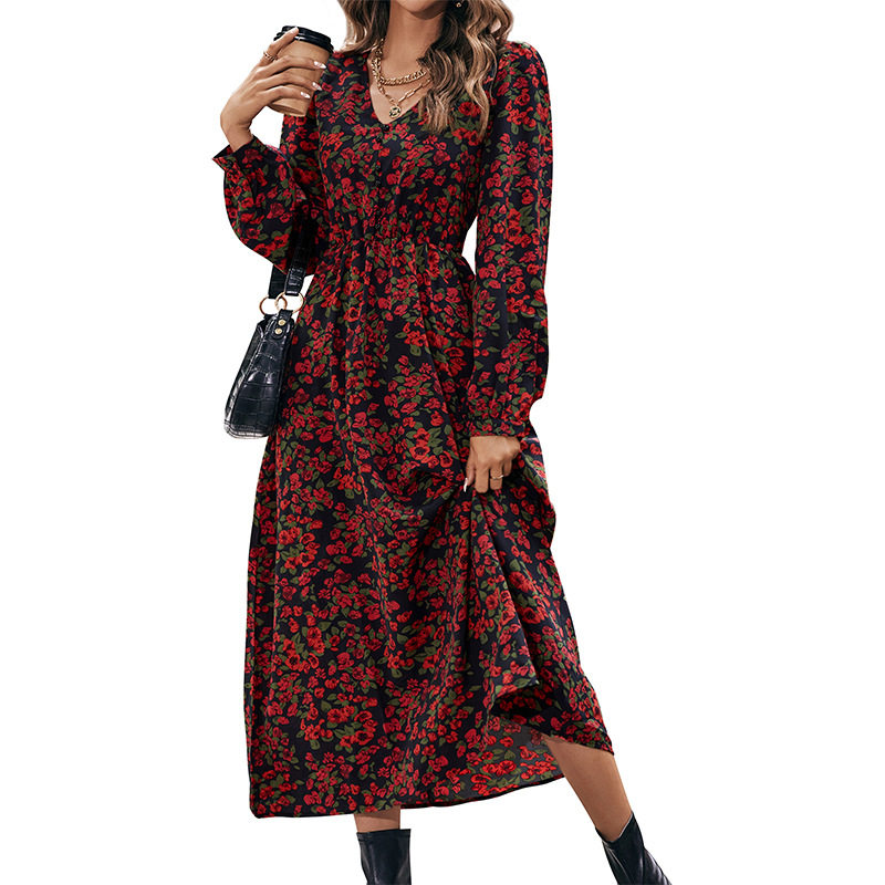 Red Floral Long Sleeve Maxi Dress Elegant Design Autumn Spring Fashion Perfect for Casual or Formal Occasions