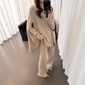 Fashionable Sweater Suit Korean Style Autumn and Winter New Knitted Wide-Leg Pants + Half Turtleneck Top + Vest Three-Piece Set