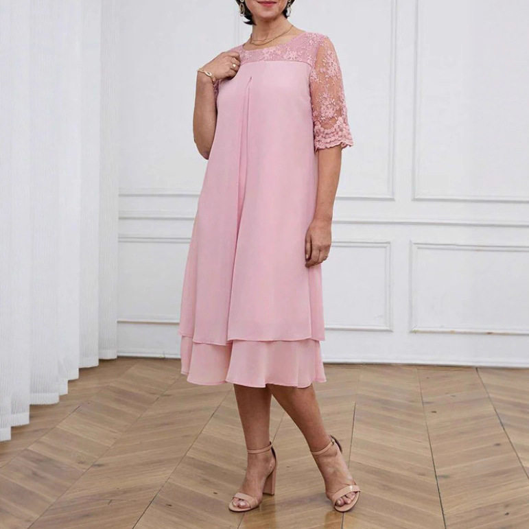 Elegant Solid Color Lace Dress with Half Sleeves Round Neck Floral Trim Autumn Fashion Wholesale Available