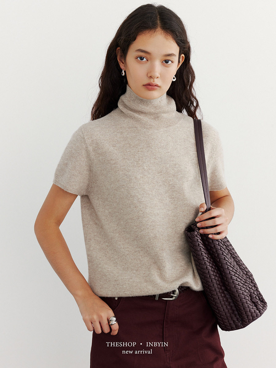 Yienou Inbyin 100% Pure Wool Knitwear Pullover Turtleneck Top for Women Autum Simple Short-Sleeved Knitwear for Women