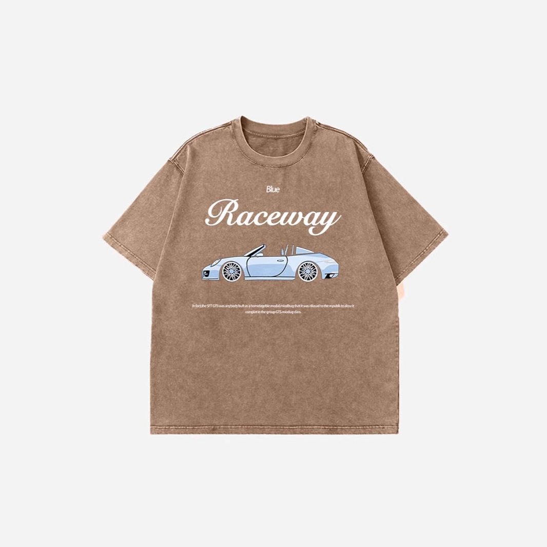 Loose Fit European Style Car Print Short Sleeve T Shirt for Women Summer Wash Effect Vintage Design Casual Top
