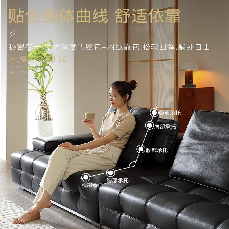 广东佛山家具劳伦斯黑色真皮沙发意式客厅直排模块头层牛皮艺沙发