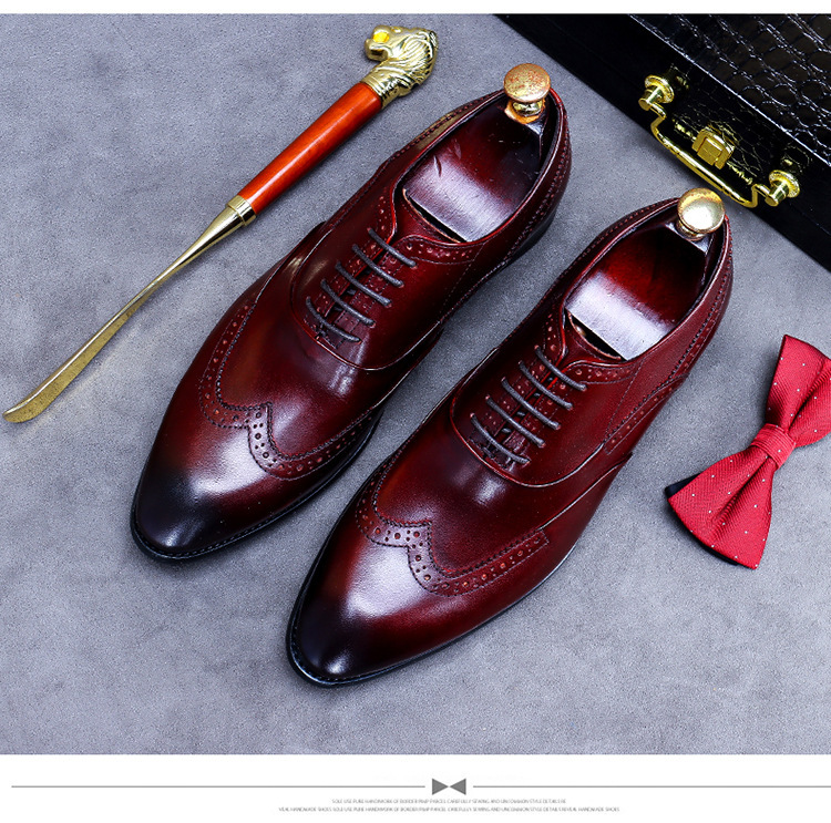 Giày da nam derby mũi tròn chạm khắc brogue cổ thấp buộc dây — Màu nâu, Màu đen, Màu đỏ rượu, Màu cà phê