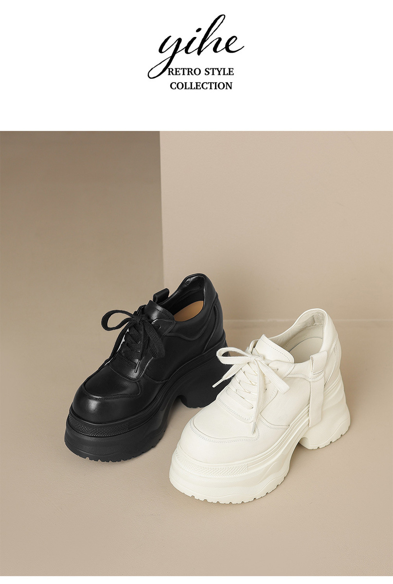 Giày sneaker nữ da bò thật đế dày tăng chiều cao 12cm dáng dad shoes buộc dây — Màu đen, Màu trắng