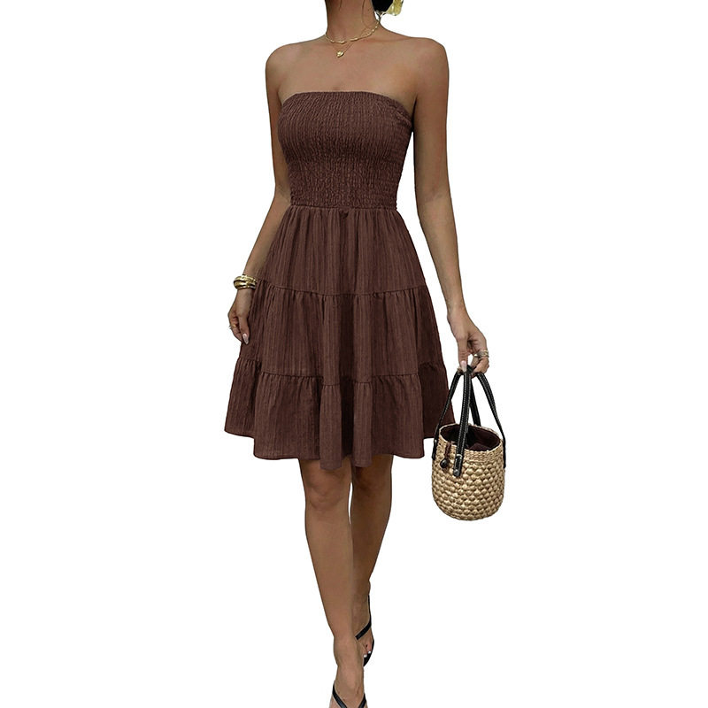 Sweet Vacation Style Solid Color Textured Strapless Cake Dress Elegant Design Comfortable Fit Perfect for Summer Events