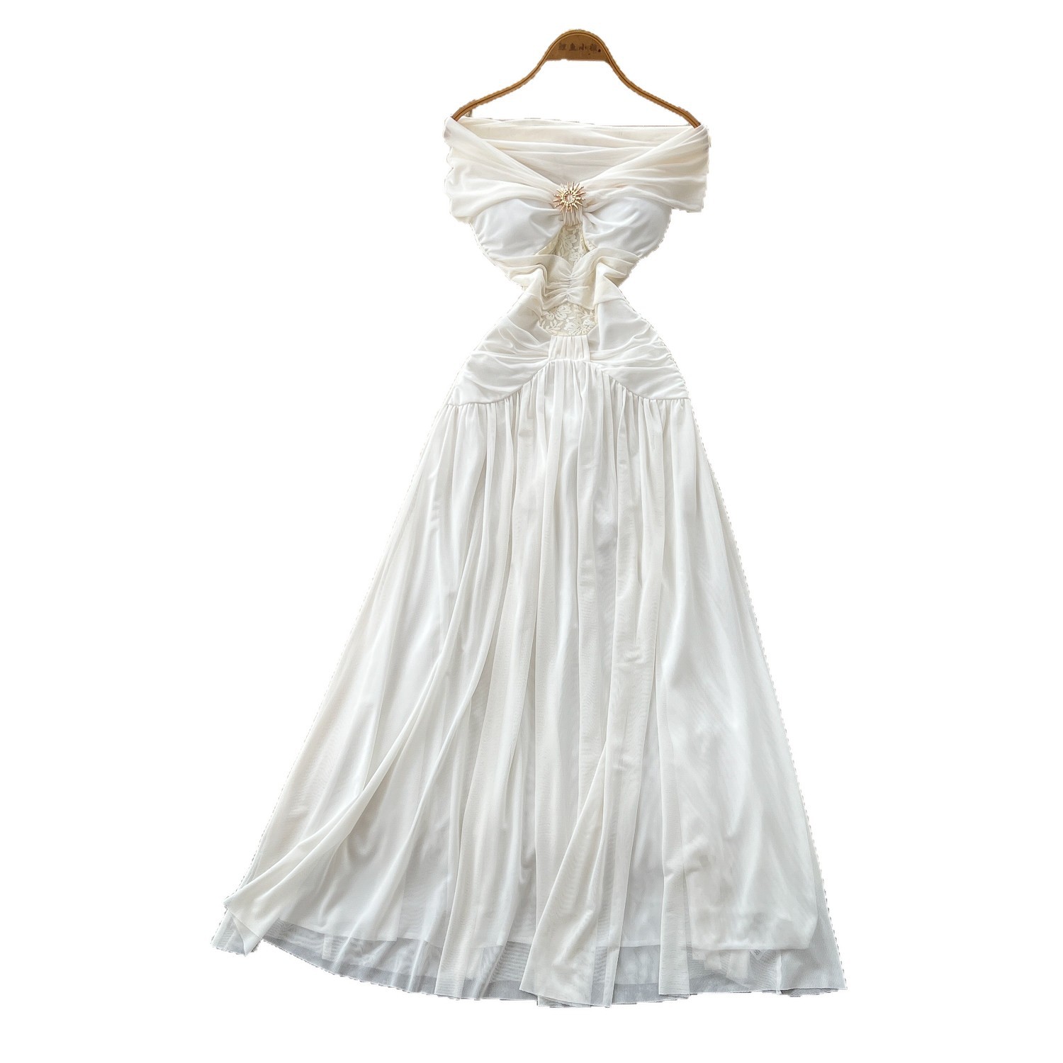 French Vacation Style Off Shoulder White A Line Dress for Women Sleeveless Waist Defining Elegant Long Summer Dress