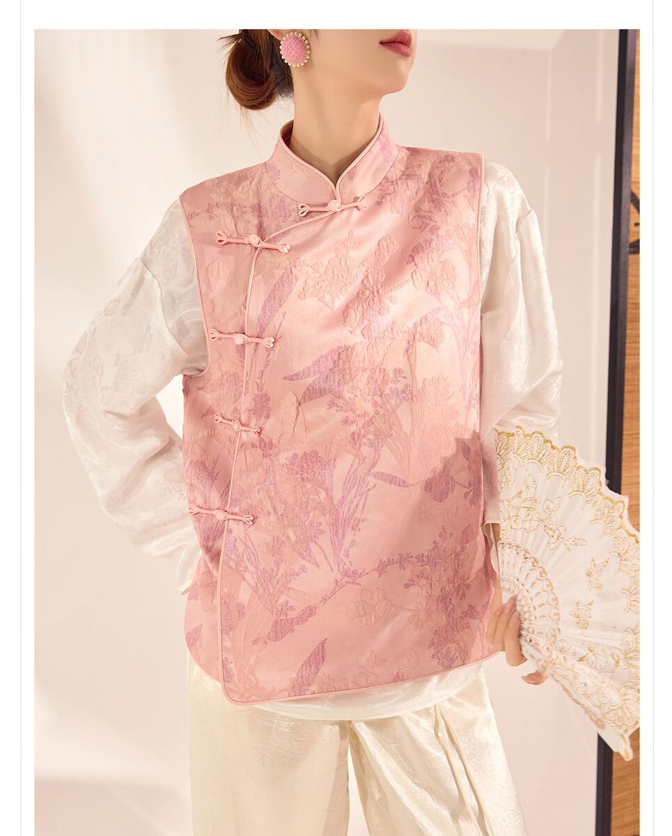 Áo vest nữ cổ đứng thêu họa tiết hoa cúc phong cách cổ điển — Màu hồng, Màu xám