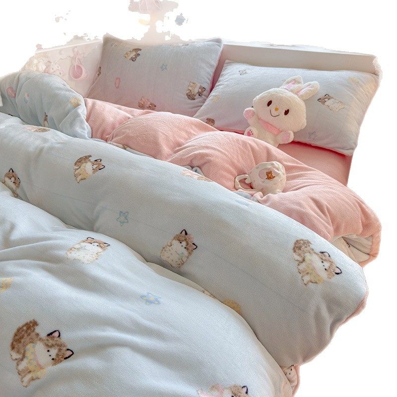 Ins Thickeneded Milk Velvet Four-Piece Winter Fleece-Lined Quilt Cover French Velvet Dormitory Three-Piece Fitted Sheet Wholesale Delivery