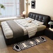 Modern Minimalist Italian-Style Black Puff Bed, Genuine Leather Small Apartment Storage Bed, Double Bed, Wedding Bed, Leather Ar