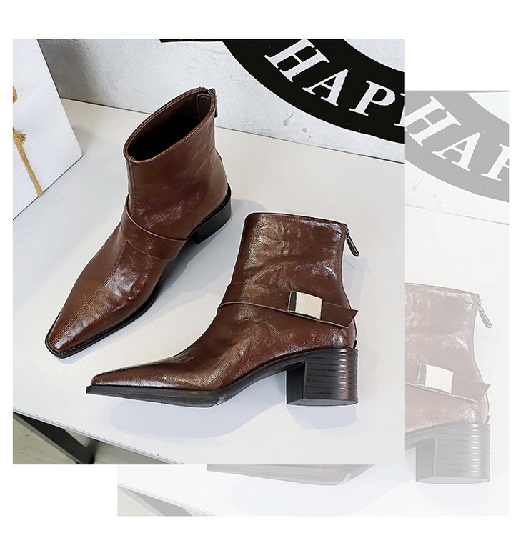 Boot nữ cổ thấp gót vừa mũi nhọn khóa kim loại phong cách Âu Mỹ — Lớp lót nhung đen, Lớp lót nhung màu nâu sẫm, Màu đen, Màu nâu đậm