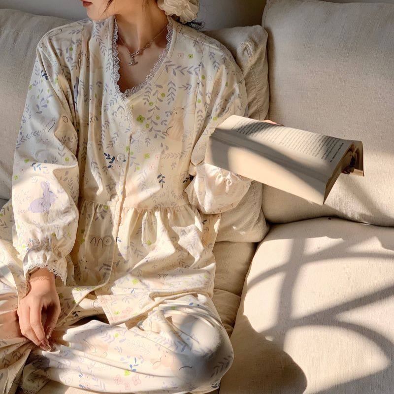 Pure cotton pull-up monthly clothing class a 2025 spring postpartum lactation pajamas maternal nursing home clothing suit