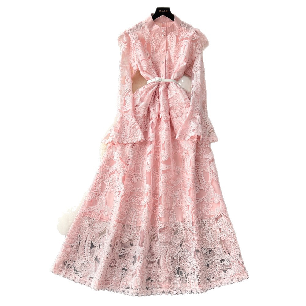 Elegant Long Evening Dress High End Embroidery Hollow Out Flared Sleeves Spring Summer Party Wear Wholesale