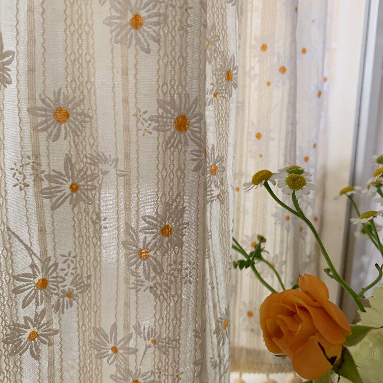 Korean Pastoral French Daisy Floral Cotton and Linen Curtain Fabric, Light-Transmitting but Not See-Through, No-Punch Magic Tape Short Curtain, Ginger Tea
