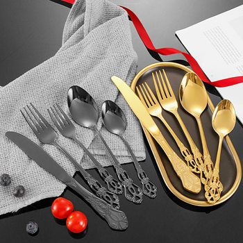 Cross-Border 410 Stainless Steel Royal Tableware Spoon and Fork Cut Out Retro Relief Royal 5-Piece Set European Steak Knife, Fork and Spoon