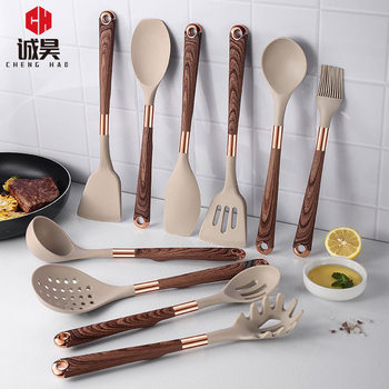 Wooden Handle Silicone Kitchen Utensil Set Handle High Temperature Resistant Heat Insulation Anti-Scalding Non-Stick Spatula 10-Piece Set Special for Non-Stick Pans