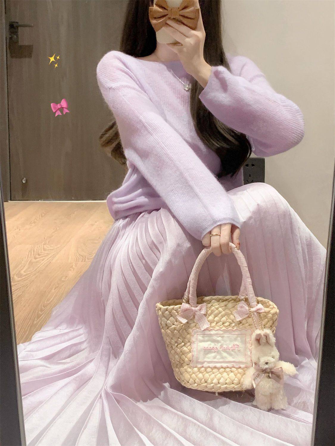 Gentle Slim-fit Slimming Purple High-end All-match Pleated Skirt Gentle Sweet Taro Purple Sweater Two-piece Set for Women