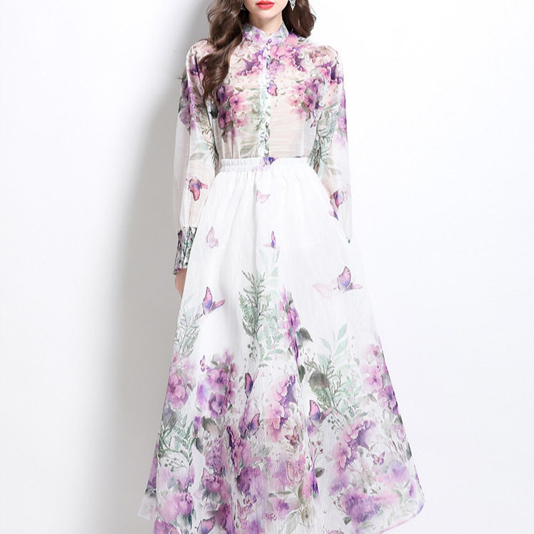 Womens High End Floral Print Two Piece Set Lantern Sleeve Top High Waist Skirt Spring Fashion for Elegant Occasions