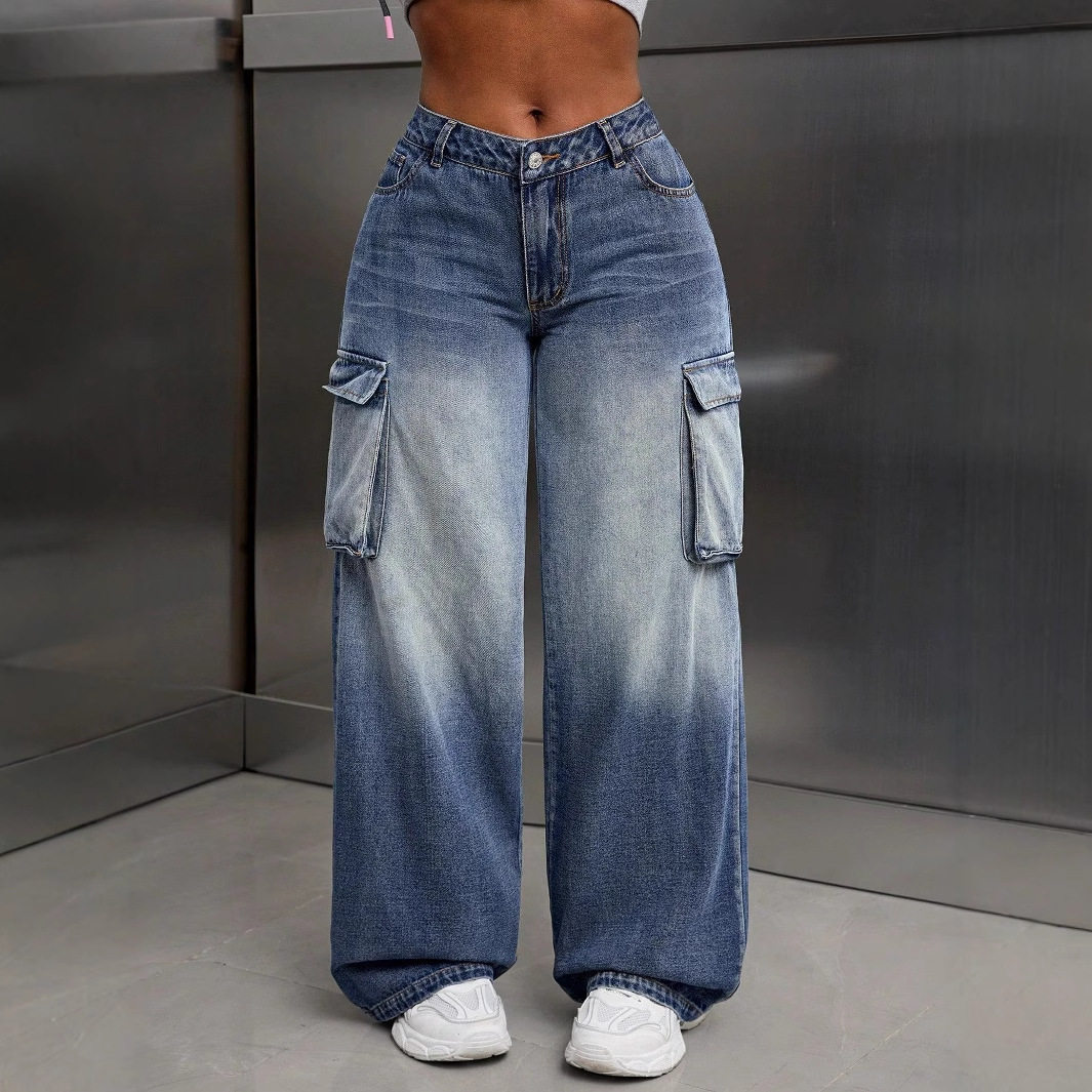 Loose Fit Wide Leg Denim Work Pants Multi Pocket Design Casual Everyday Wear Ready to Ship wholesale