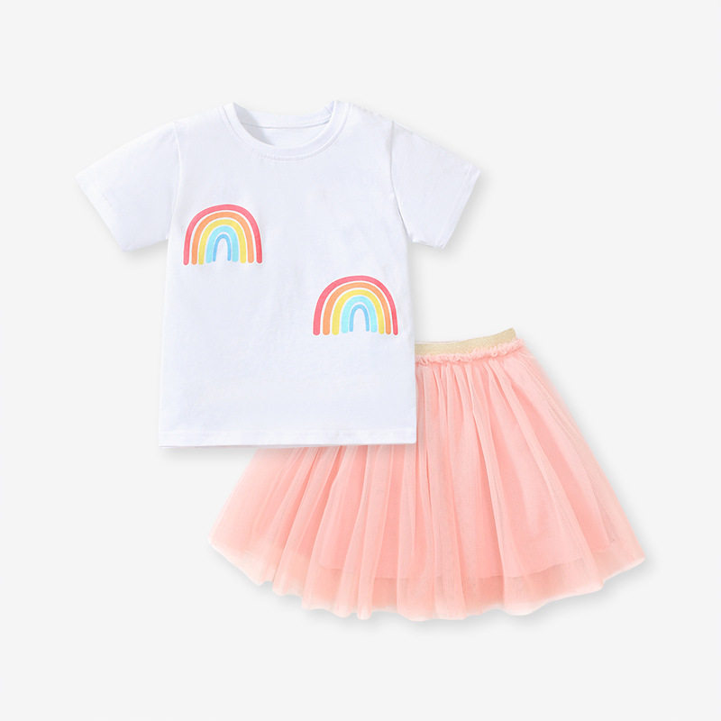 Custom Girls' Set, Summer Short-sleeve Tulle Dress 2-piece Outfit, Cute Kids' Set