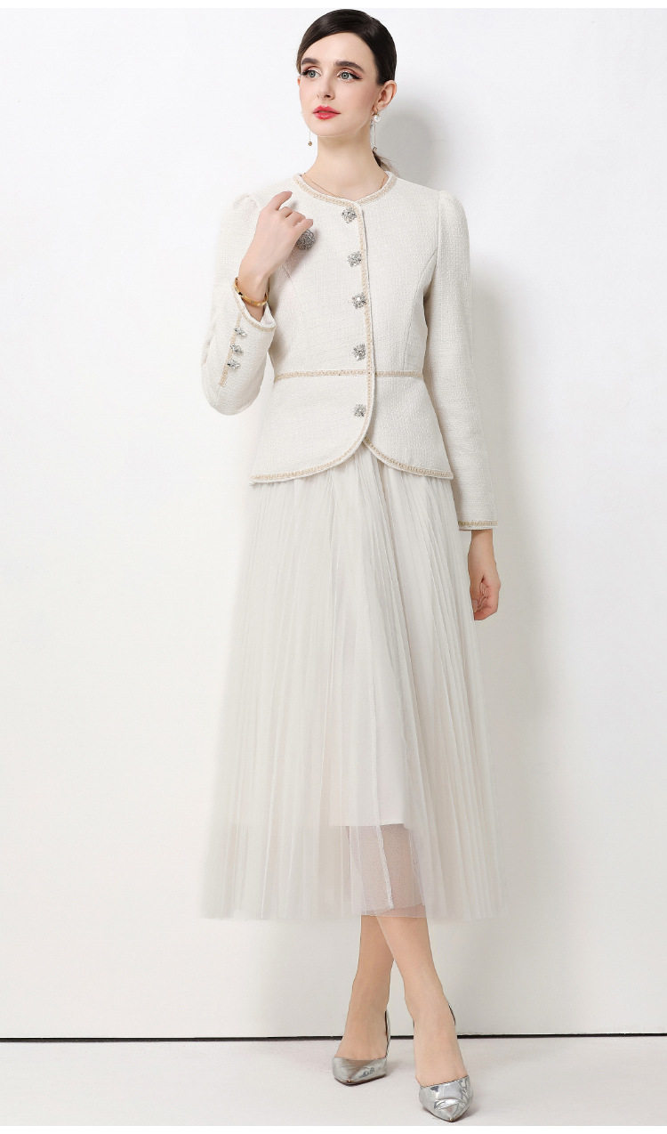 Chic Womens Suit Jacket Beaded Round Neck Waist Cinched Design High Waisted Tulle Pleated Skirt Elegant French Style