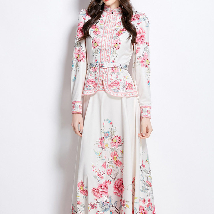 French Style Womens Two Piece Dress Set Floral Print Puff Sleeves High Waist Flared Skirt Elegant Occasion Wear