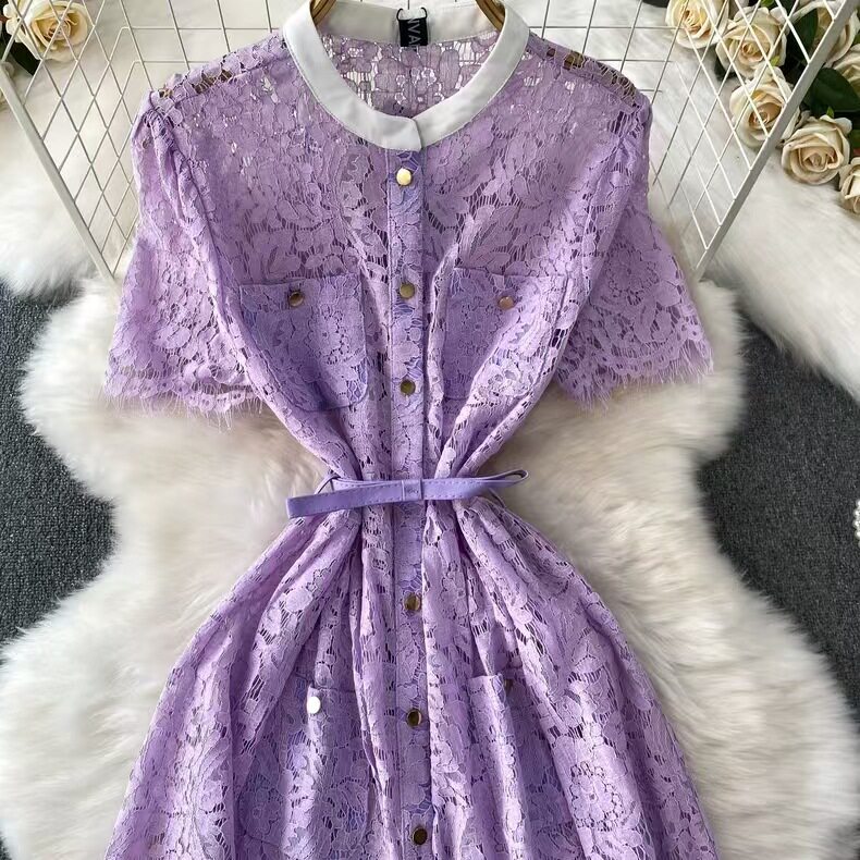Elegant French Style Womens Dress Summer Collection Slim Fit Single Breasted Lace Detailing Long Length
