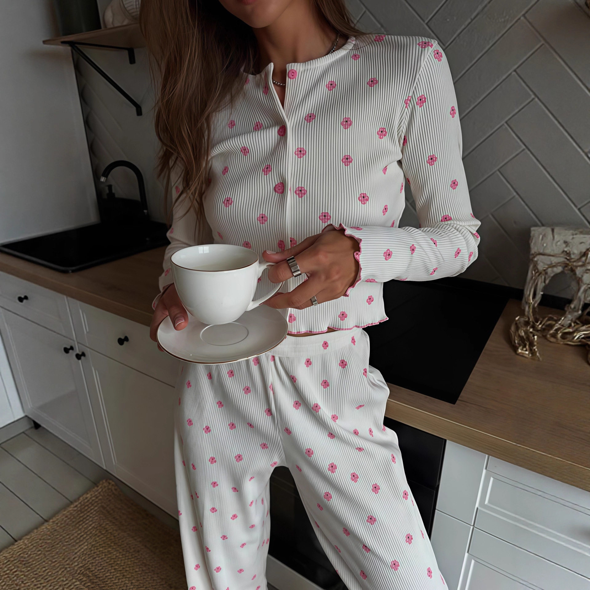 Floral Print Long Sleeve Loungewear Set Ruffled Edges Comfortable Fit Casual Style Perfect for Spring and Autumn
