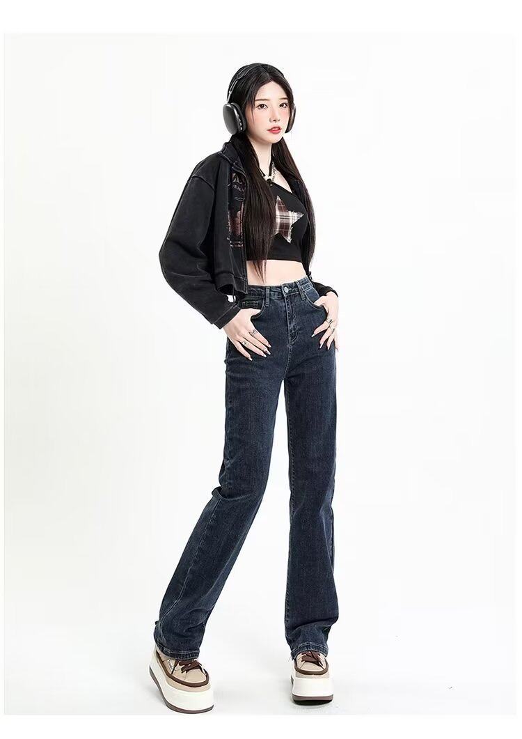 High Waisted Straight Leg Jeans for Women Korean Style Loose Fit Stretch Fabric Slimming Effect Casual Wear for