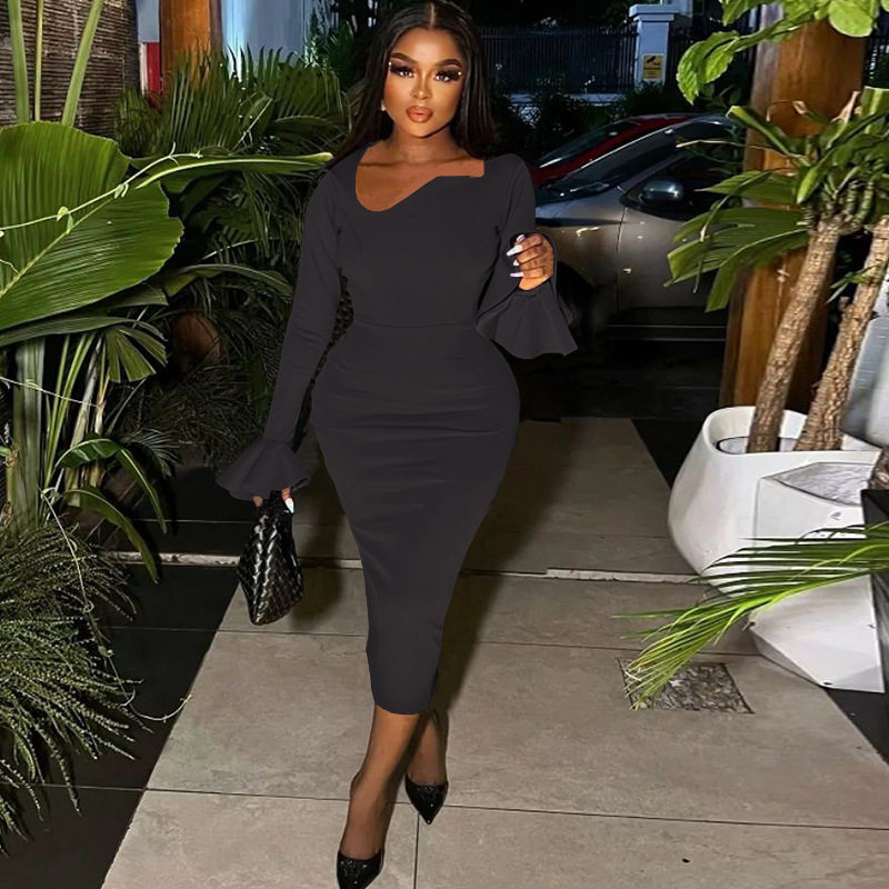 Fashionable Long Sleeve A Line Dress Round Neck Solid Color Midi Length Side Slit Irregular Hem Casual Wear OEM