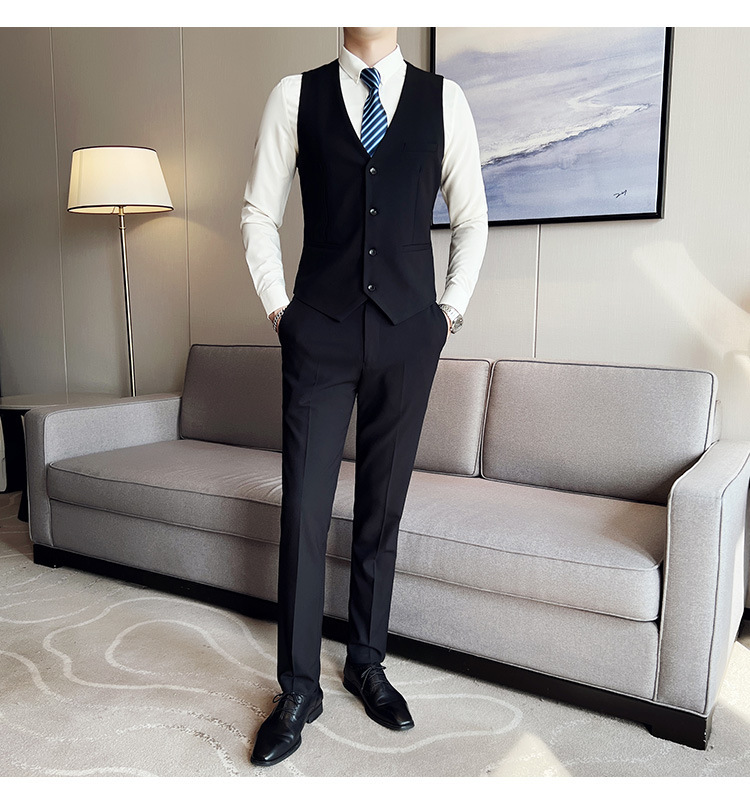 Bộ com-lê nam ba mảnh dáng ôm, áo vest một hàng khuy phong cách công sở — Màu xám (áo một nút + áo vest + quần), Màu xanh (áo một nút + áo vest + quần), Màu đen (áo một nút + áo vest + quần), Màu xanh navy (áo một nút + vest + quần)
