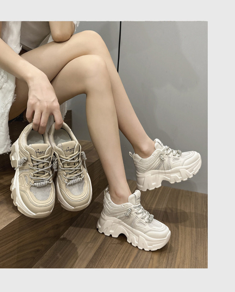 Giày sneaker nữ chạy bộ mesh thoáng khí đế cao 6-8 cm, mũi tròn, dây buộc — Len thuần, Ka ki chi tiết 10