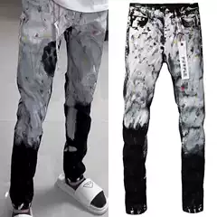 American Retro High Street White Tie-Dye Work Jeans for Men with a Unique Design, Loose Wide-Leg Floor-Length Pants Trendy