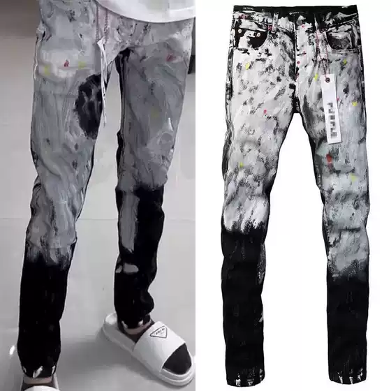 American Retro High Street White Tie-Dye Work Jeans for Men with a Unique Design, Loose Wide-Leg Floor-Length Pants Trendy
