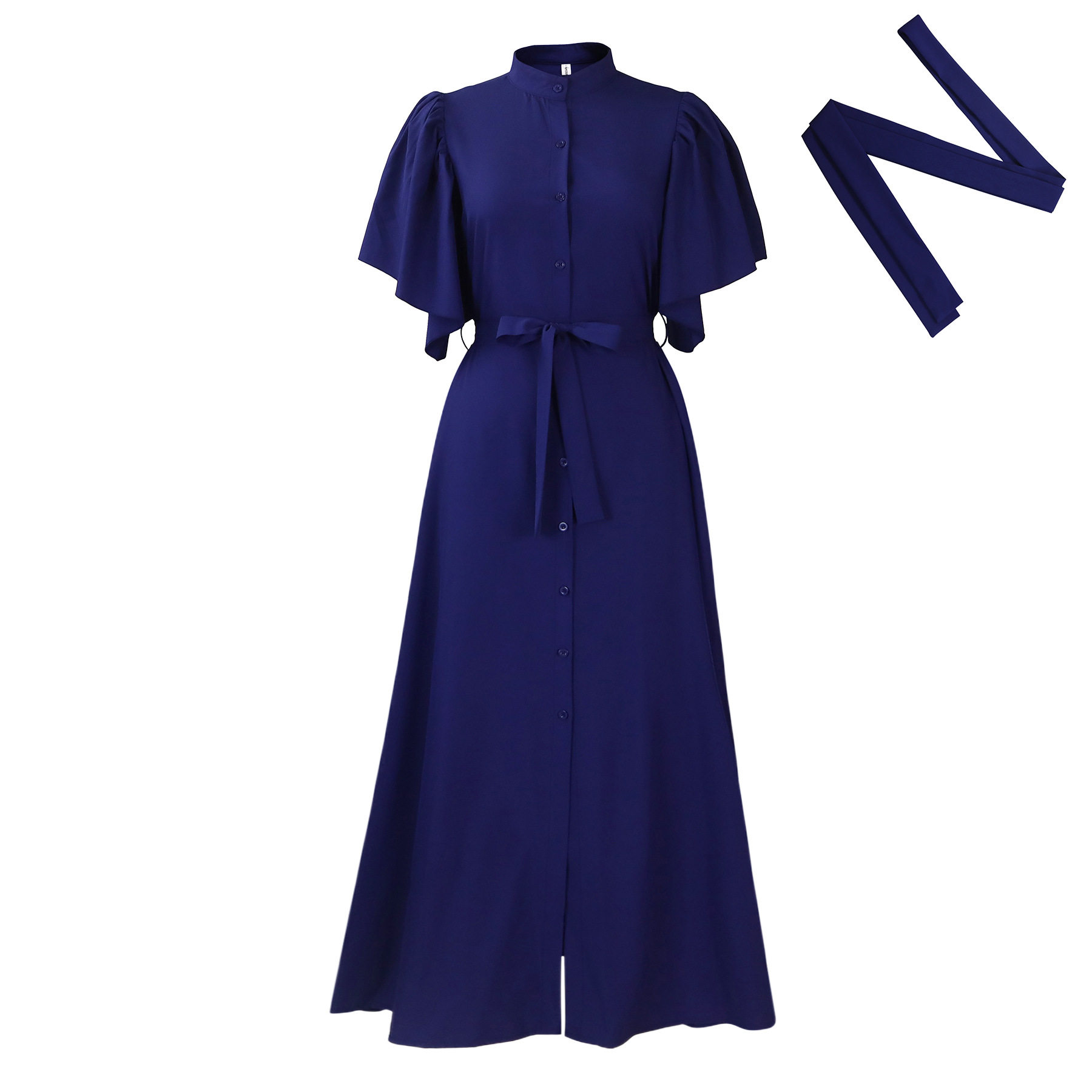 Fashionable Summer Long Dress Loose Fit Belted Single Breasted Flared Sleeves Perfect for Casual Outings