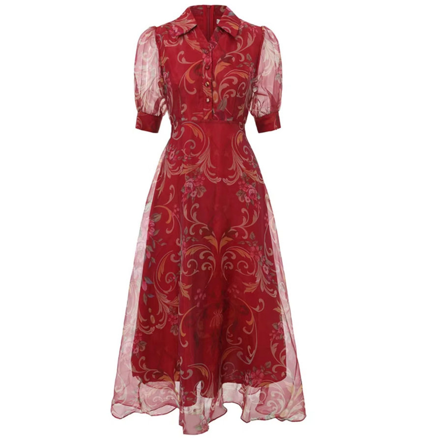 French Romantic Floral Puff Sleeve Dress Spring Summer Belted Waist A Line Silhouette Office Wear Wholesale