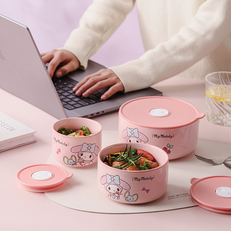 Sanrio Ceramic Fresh-keeping Bowl suit Three-piece Set Cartoon Cute Sealed Lid Large Capacity High Color Value Lunch Box New