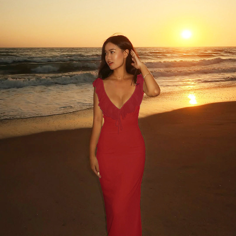 YJ24657P欧美跨境性感荷叶边系带修身连衣裙2025夏季新款礼服女装