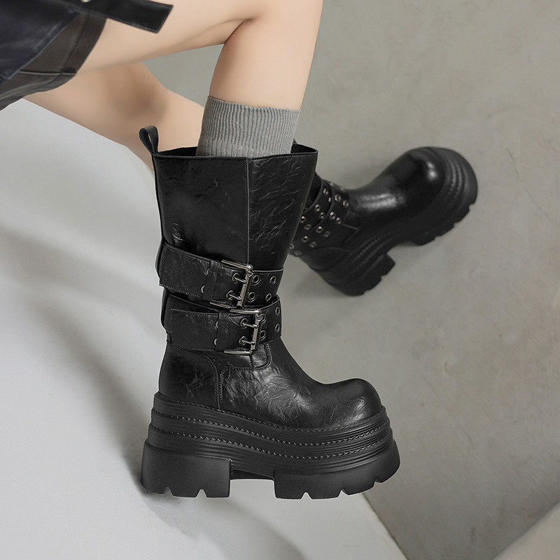 Boot nữ cổ trung đế xuồng cao 10cm khóa thắt lưng da bò — Lớp lót nhung đen, Màu đen một lớp
