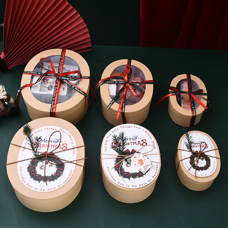 2026 Spring Festival New Year Baking Packaging Box with Bow, Oval Gift Box with Lid and Transparent Large-Capacity Gift Box