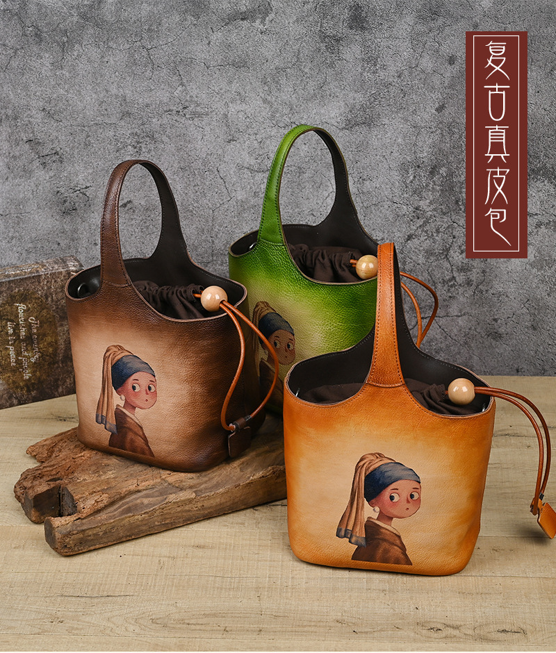 Túi xách nữ da bò thật dáng bucket thủ công vân in cổ điển — Nâu cổ điển, Vàng cổ điển, Xanh lá cổ điển