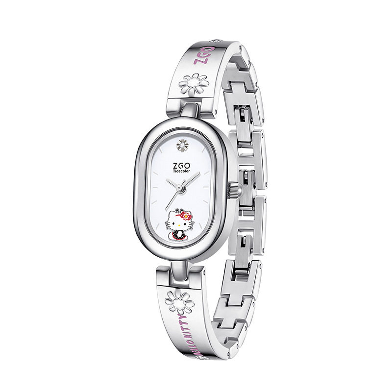 ZGO Sanrio HelloKitty Watch Women's Steel Band Ins Style Oval Bracelet Watch Small Retro Quartz Watch