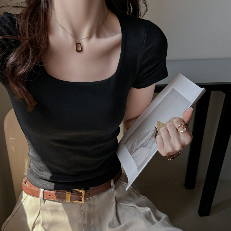韩系纯棉方领内搭打底衫正肩短袖t恤女式辣妹时尚高级感修身上衣