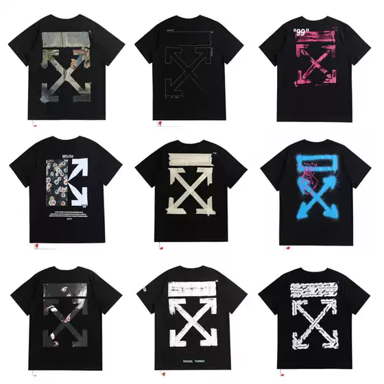 [Long Rope] OFF Bronzing Tape Arrow Printing Short Sleeve Male OW plus size Couple Half Sleeve Female WHITE Tide T-Shirt
