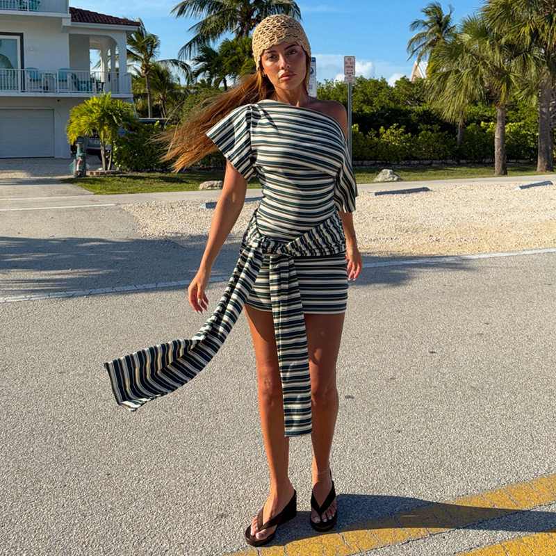 Vintage Striped Off Shoulder Dress Adjustable Waist Irregular Hem Summer Fashion Wholesale Womens Apparel