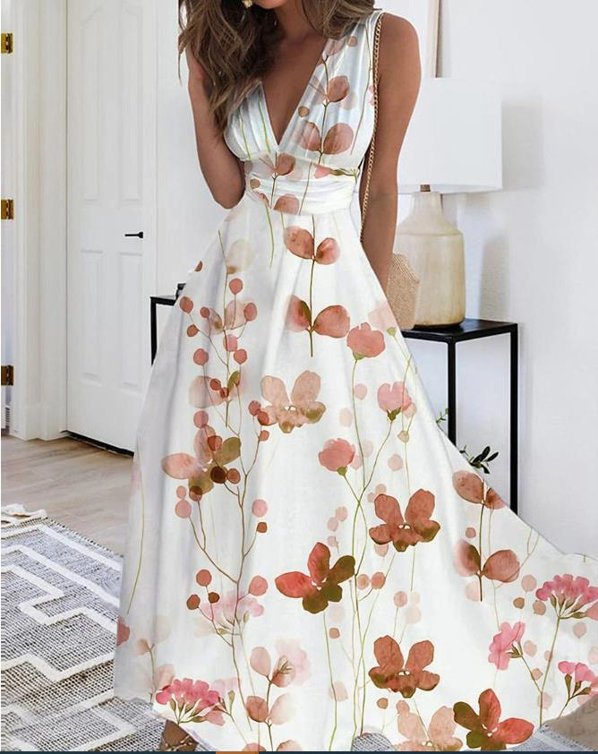 2023亚马逊欧美跨境女装夏季新款V领高腰无袖印花性感背心连衣裙