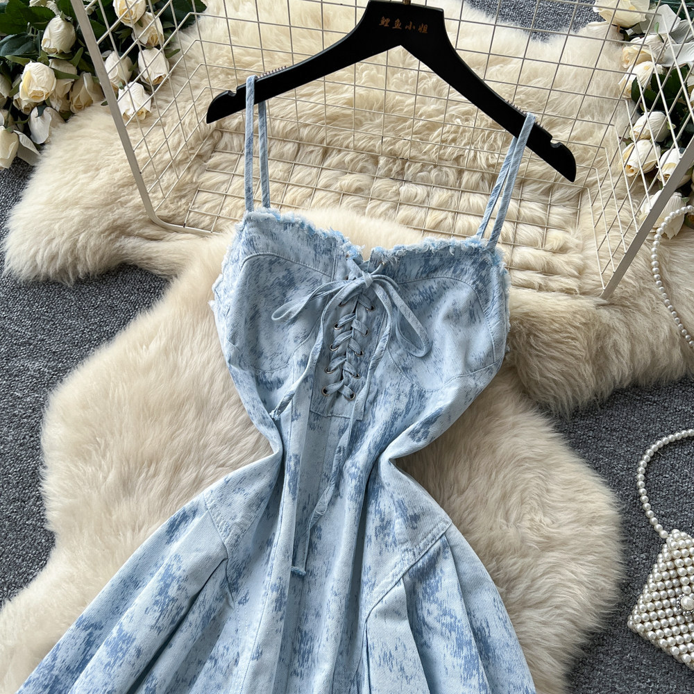 A Line Denim Dress Sweetheart Style Adjustable Waist Tie Summer Fashion Perfect for Casual Outings Wholesale