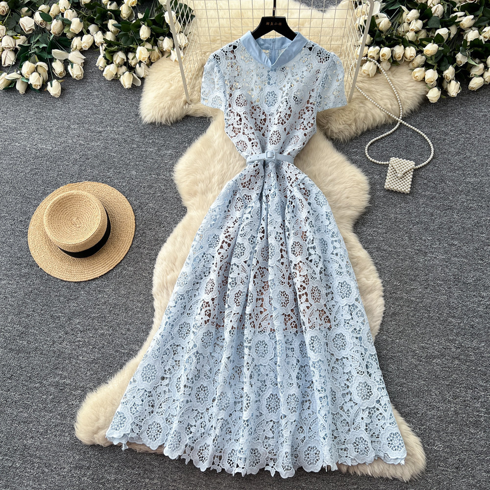 Lace Hollow Out A Line Dress Sweet Design High Waist Elegant Style Summer Office Wear for Women Wholesale Available