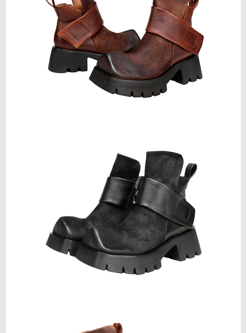 Boot Martin nữ da bò cổ ngắn gót thô khóa kéo bên — Màu cà phê, Màu đen